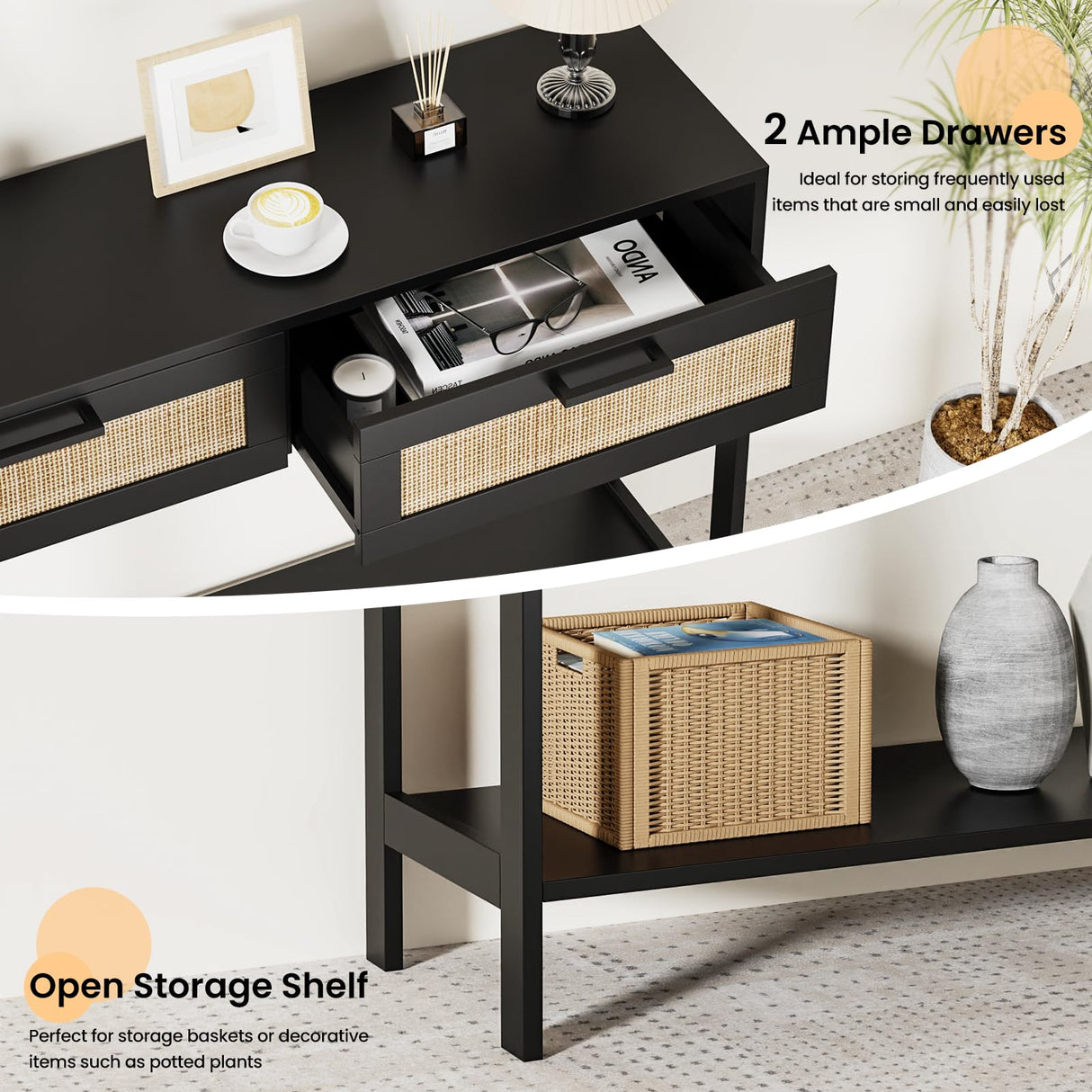 Derfullo Rattan Console Table - Boho Rattan Entryway Table with 2 Storage, Wood Small Console Tables for Entryway, Entry Table for Hallway, Sofa Table Derfullo