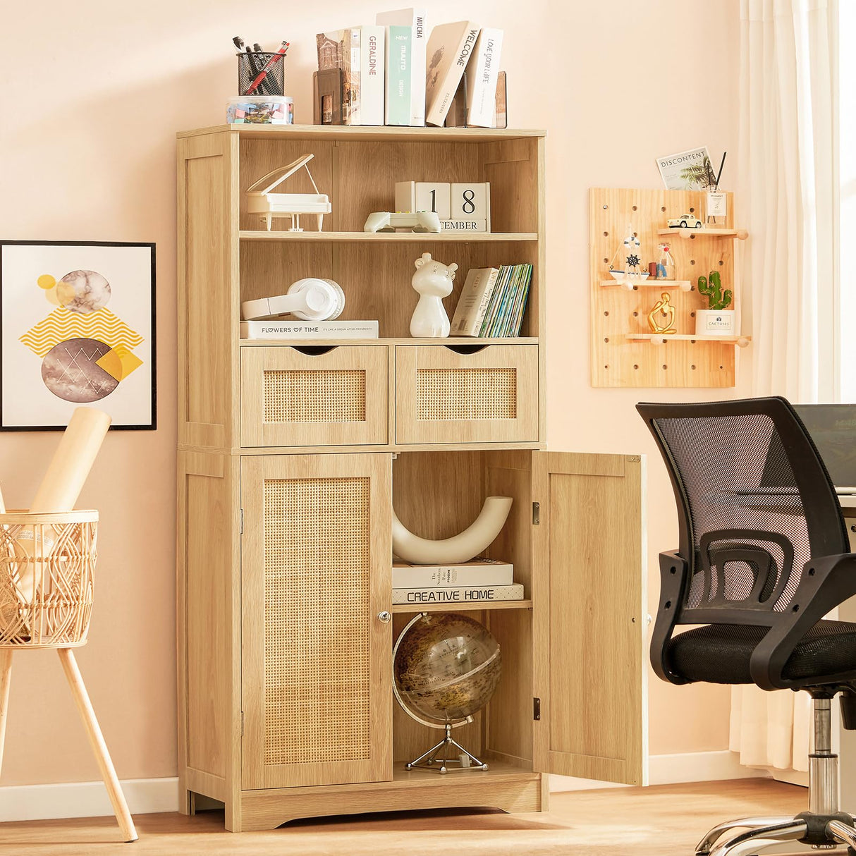 Iwell Tall Storage Cabinet, Rattan Cabinet with 2 Drawers & Adjustable Shelf, Accent Cabinet for Living Room, Dining Room, Home Office, Natural Iwell