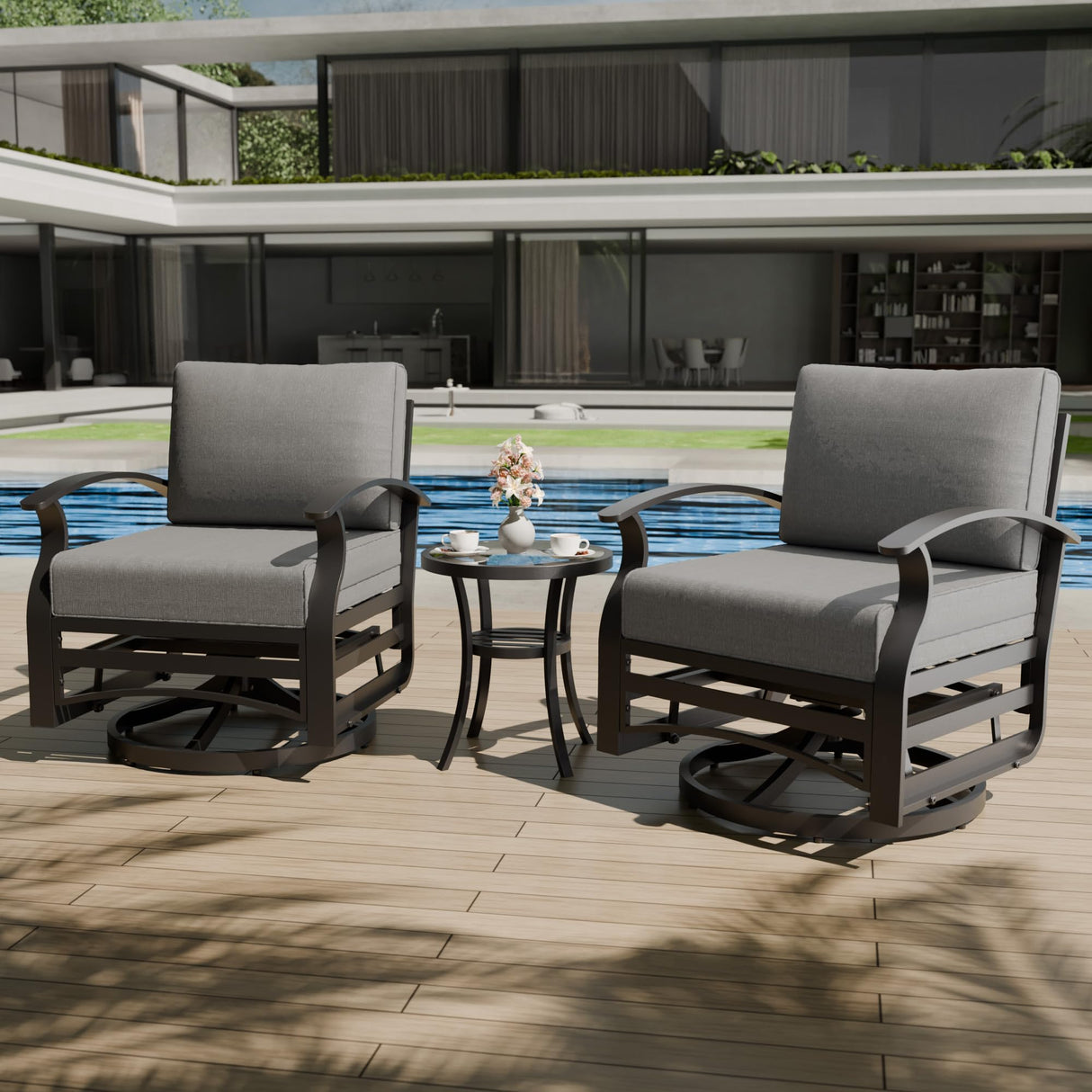 RTDTD 3 Piece Aluminum Swivel Rocking Chair Set, Outdoor Patio Swivel Gliders Chair with Glass Top Coffee Table, Conversation Furniture Set Suitable for Patio, Lawn, Outdoor, Back Garden(Gray) RTDTD