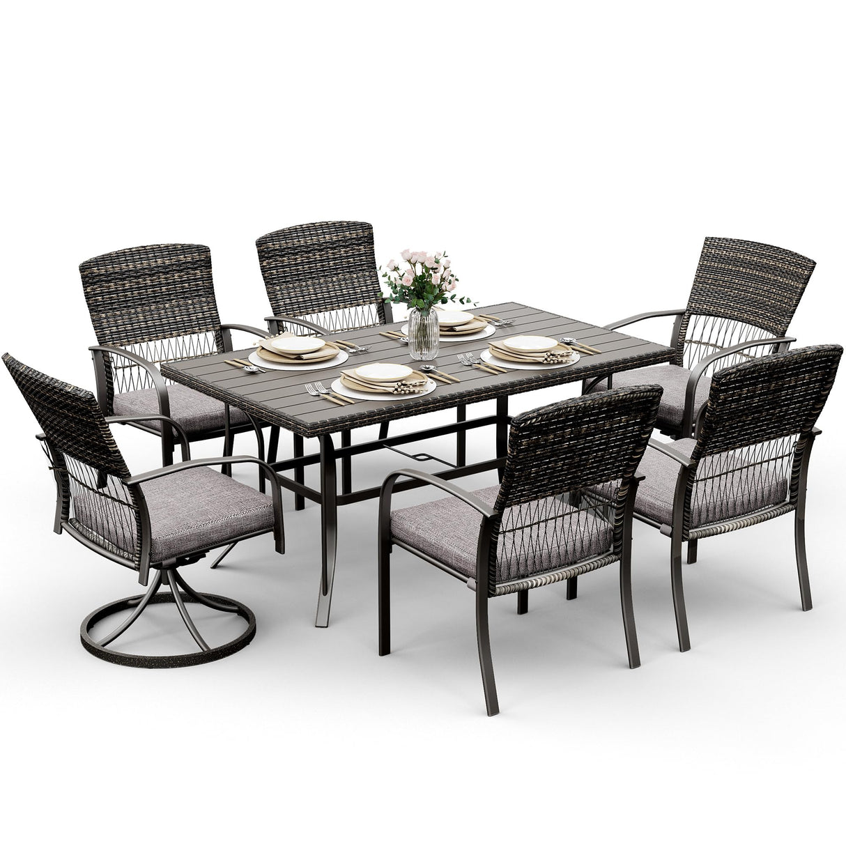 Pamapic 7 Piece Patio Dining Set for 6,Outdoor Wicker Furniture Set for Backyard Garden Deck Poolside with 4 Dining Chairs and 2 Swivel Rockers,Iron Slats Table Top, Removable Cushions(Gray) Pamapic