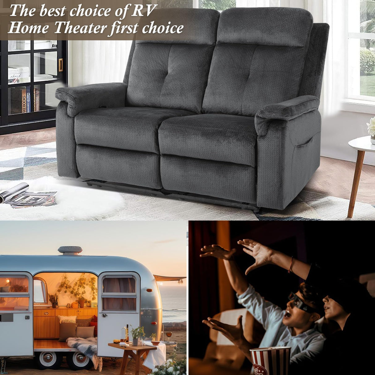 PALLOME Loveseat Recliner, Velvet Reclining Sofa, 54'' Double Recliner Loveseat with Heat and Massage, RV Theater Seating, Manual Recliner Chair for Living Room (Velvet, Grey) PALLOME