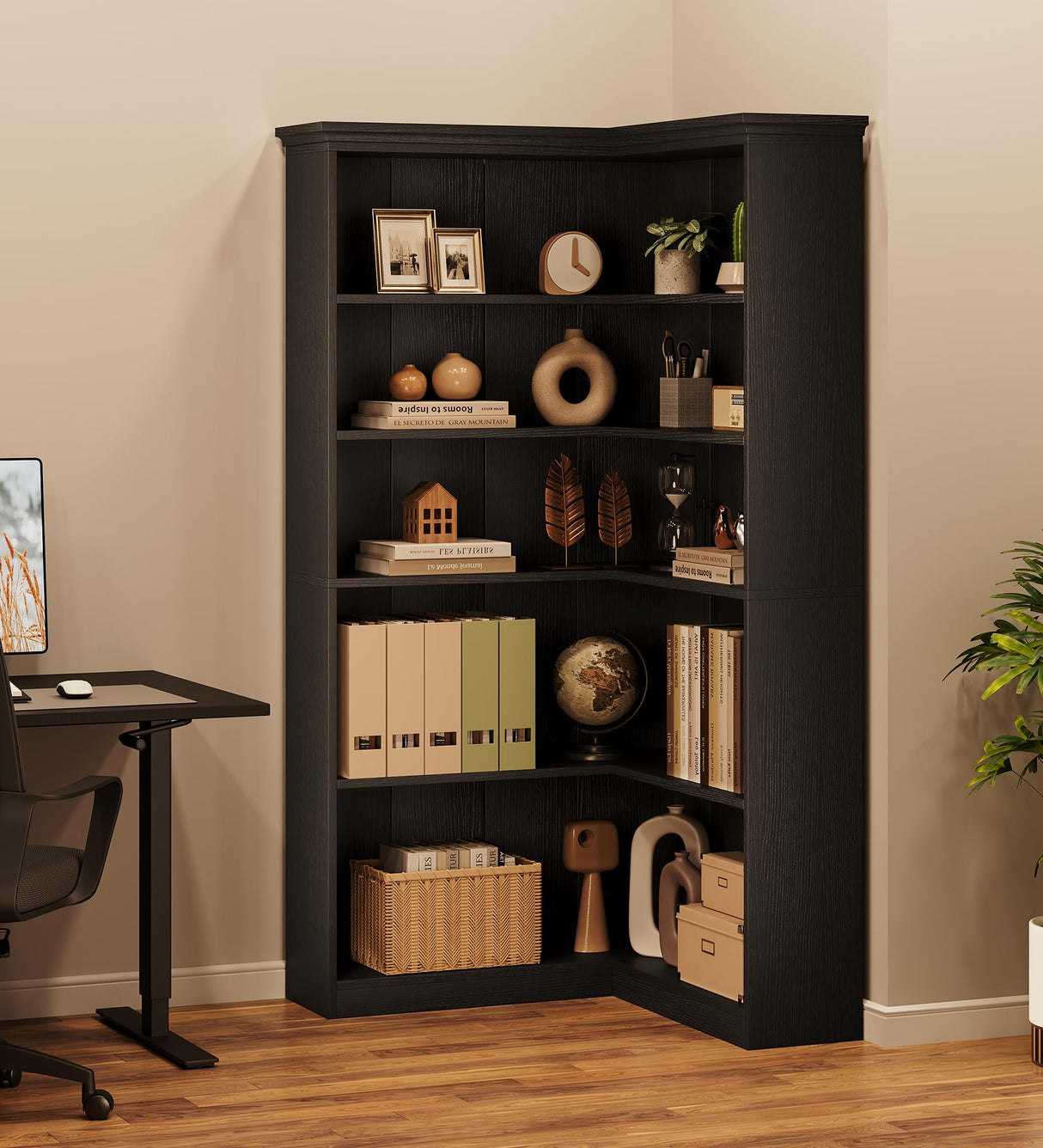 IDEALHOUSE Corner Bookshelf 72.8in Farmhouse Bookcase Large Bookshelf Wood Bookcase Tall 5 Tier Corner Shelf L Shaped Bookshelfs Storage Display Rack Living Room Bedroom (Black Full Panel) IDEALHOUSE