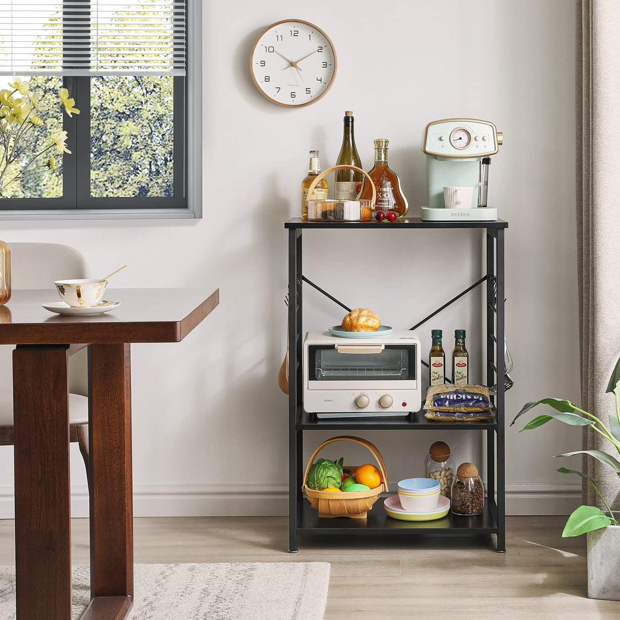 YMYNY Standing Baker's Racks, 3-Tier Microwave Oven Stand with Metal Frame and 6 Hooks, Coffee Bar Table, Storage Shelf Rack for Kitchen and Living Room, Panel Adjustable, Black, UHTMJ022B YMYNY