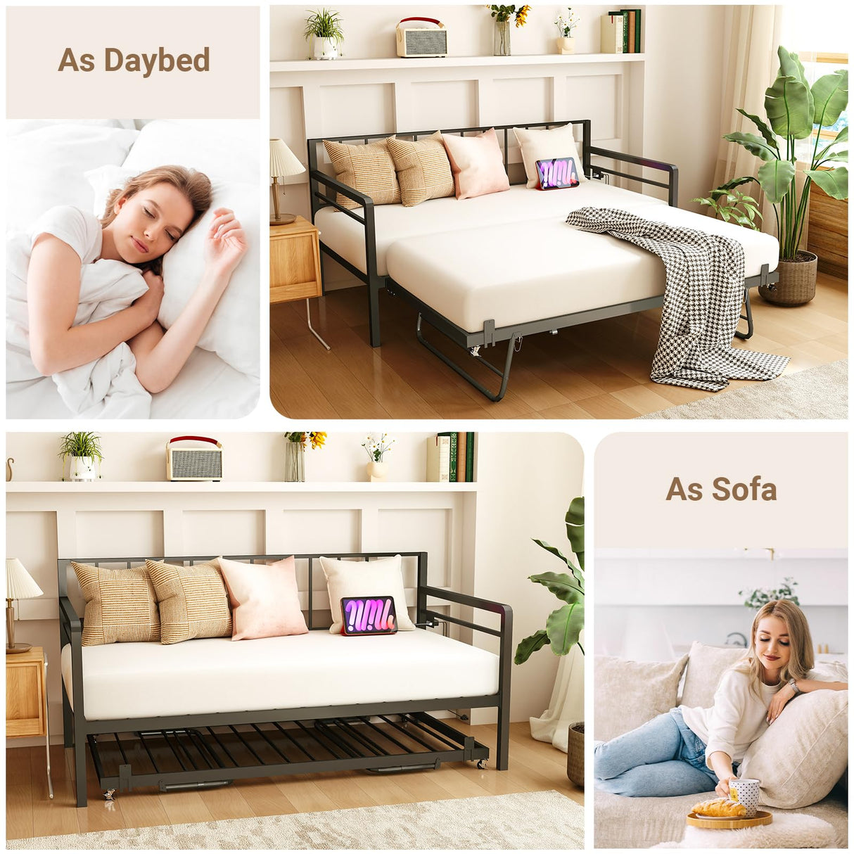 Zevemomo Twin Daybed with Pop Up Trundle, Metal Day Bed Frame with LED Lights and Charging Station, Day Bed with Trundle Bed Twin, Black Daybed for Living Room, Bedroom, Guest Room Zevemomo