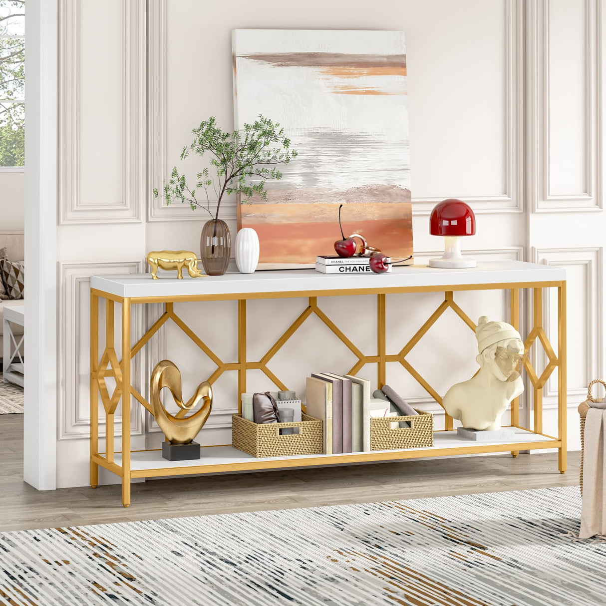 Extra-Long White and Gold Sofa Table with Open Storage Shelf by Tribesigns Tribesigns