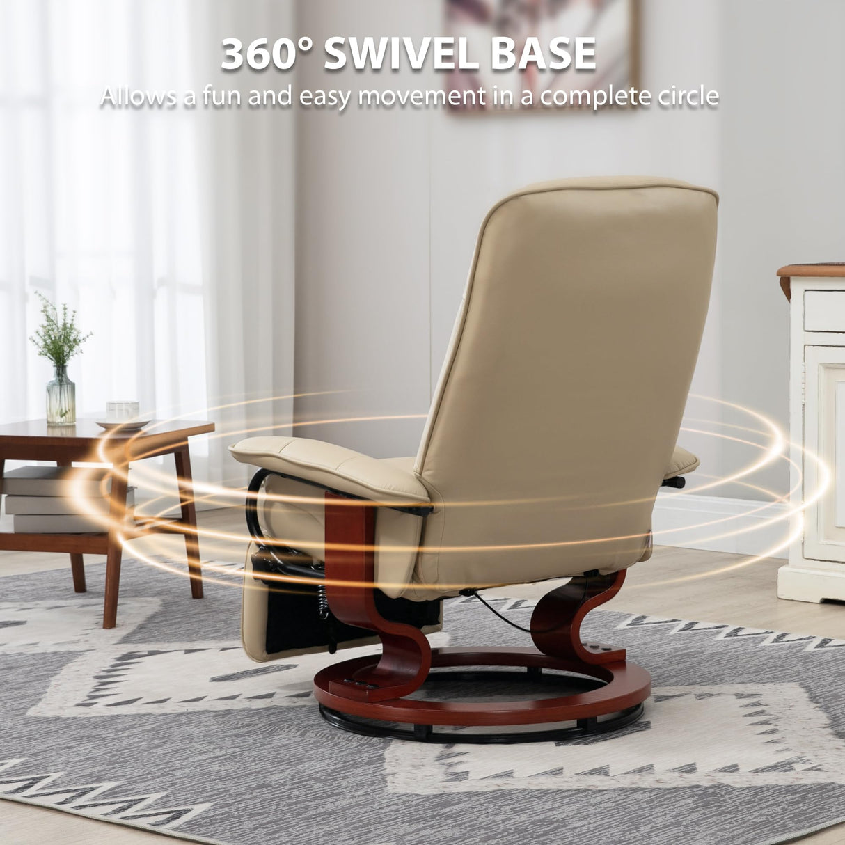 HOMCOM Swivel Recliner Chair, PU Leather Adjustable Lounge Chair with Footrest, Armrest, Wooden Base, Plush Recliner for Living Room, Cream White HOMCOM