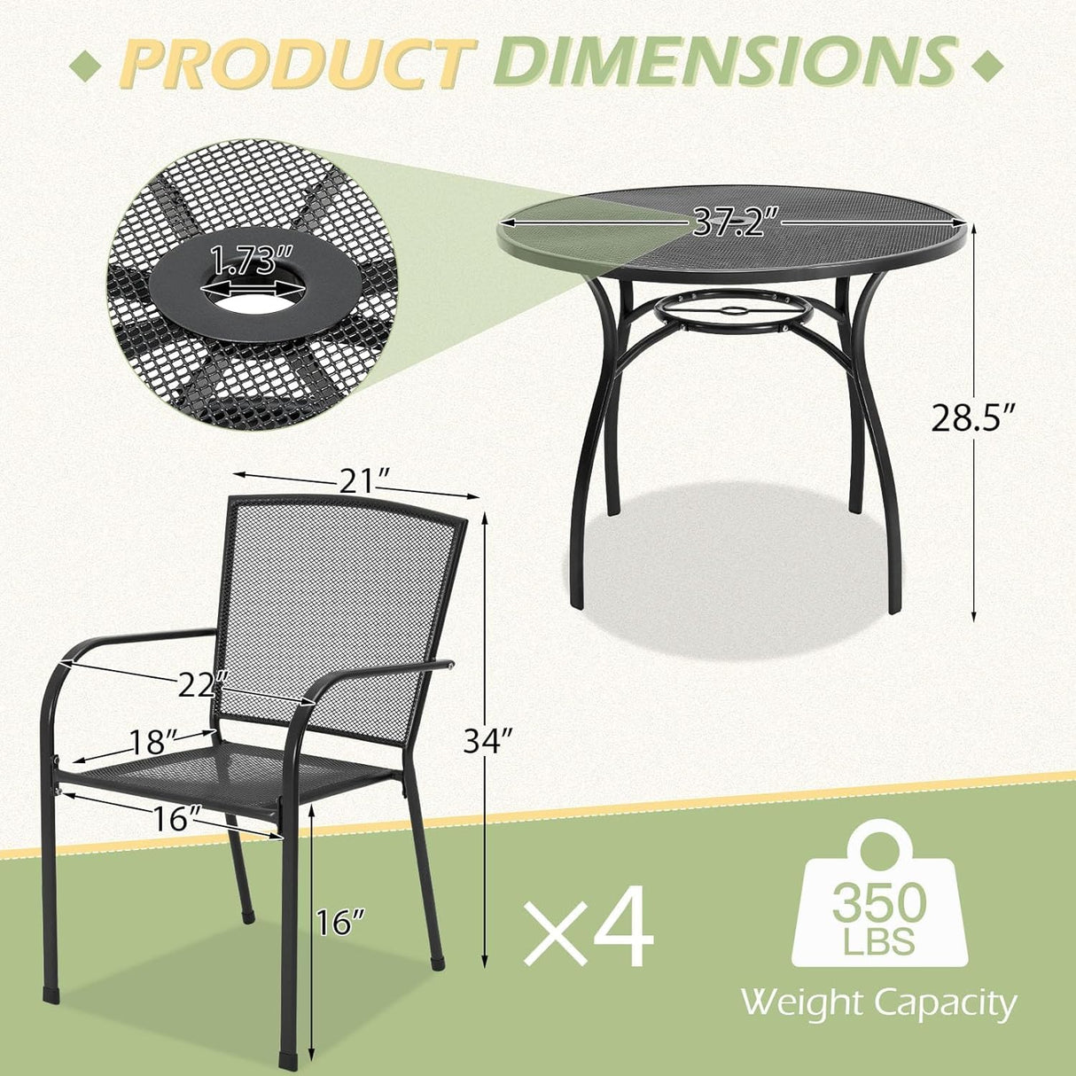 AECOJOY Metal Patio Table and Chairs Set for 4, Outdoor Dining Sets Patio Dining Table Furniture Set Round Outside Table and Chairs for Garden Backyard with 1.73" Umbrella Hole AECOJOY