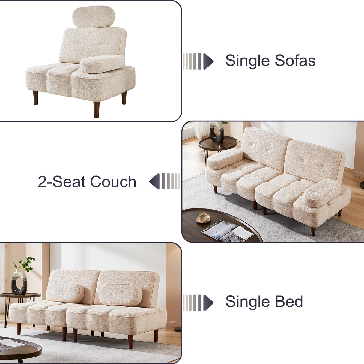 Furnify Cloud Couch, 76" Loveseat Sofa Bed with Removable Armrest, Boucle Sherpa Sofa Bed, Comfy Upholstered Sleeper Sofa for Living Room, Bedroom, Office, Beige Teddy Furnify