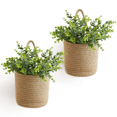 Dahey 2 Pack Wall Hanging Rope Basket with Artificial Eucalyptus Farmhouse Decor, Jute Woven Storage Organizer Flower Plants Basket Set Rustic Wall Decor for Porch Living Room Bedroom Entryway,Brown