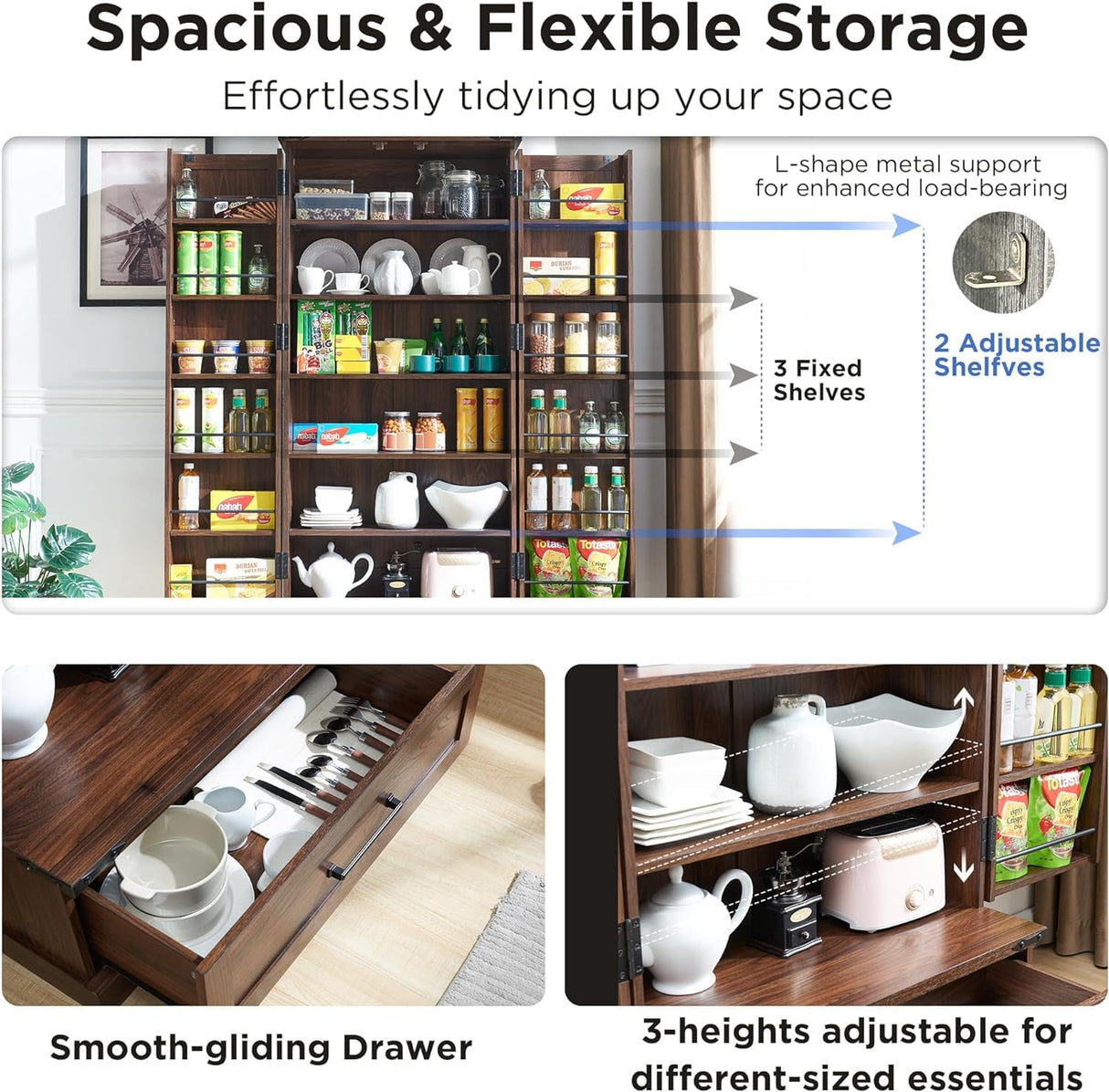 ACCOHOHO 72‘’ Farmhouse Kitchen Pantry Cabinet with Drawer, Tall Storage Cabinet with 2 Barn Doors and Shelves, Versatile Large Rustic Cabinet for Dining Room, Bathroom, Living Room, Laudry, Brown ACCOHOHO