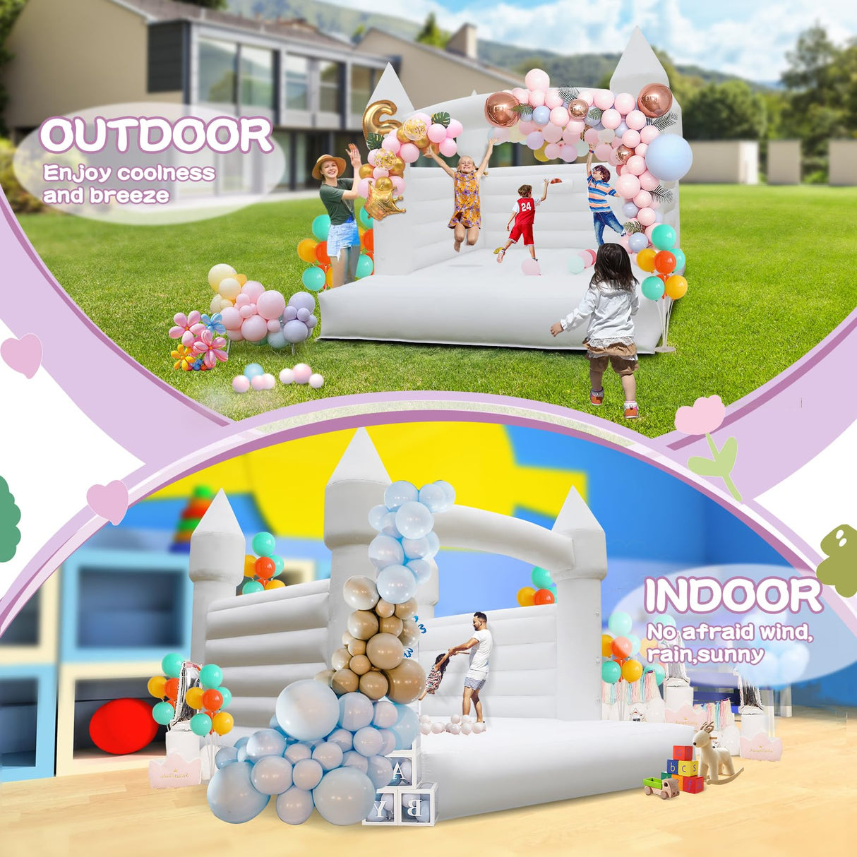 14FT PVC White Bounce House, Inflatable Bouncer for Kids, 3 in 1 Jumper Bounce House Bouncy Castle for Kids, Indoor & Outdoor, Party, with 750W Blower, Balloon, 2 Basketball Set (White, 14FT) MAPONEEN
