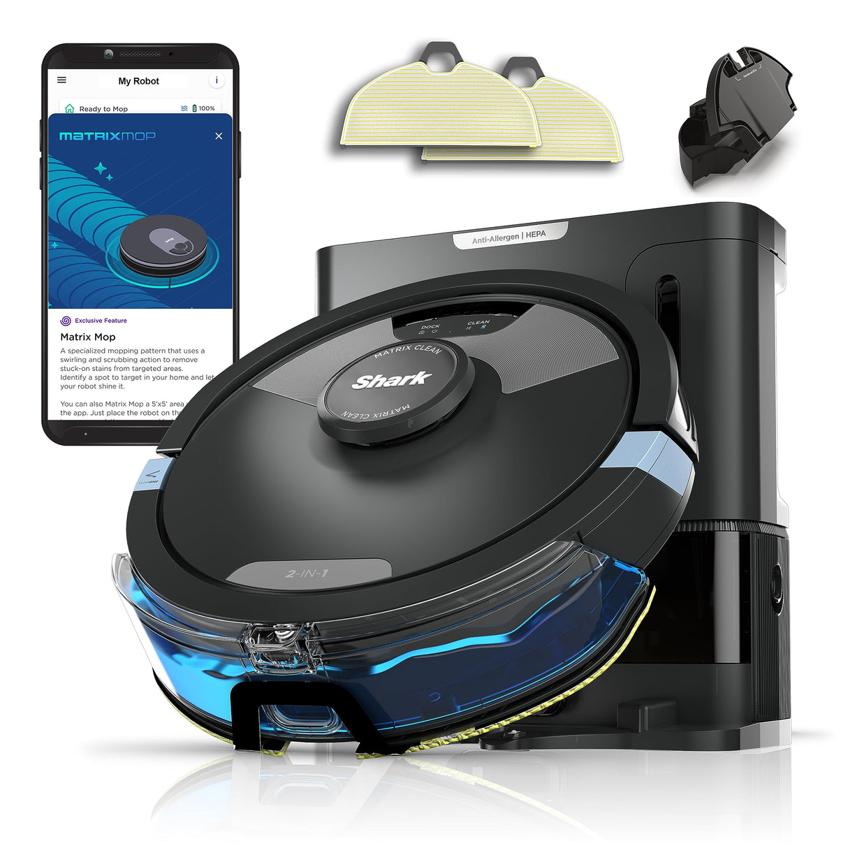 Shark Matrix Plus 2in1 Robot Vacuum & Mop with Sonic Mopping, Matrix Clean, Home Mapping, HEPA Bagless Self Empty Base, CleanEdge, for Pet Hair, WiFi, Black/Mocha, AV2630WA Shark