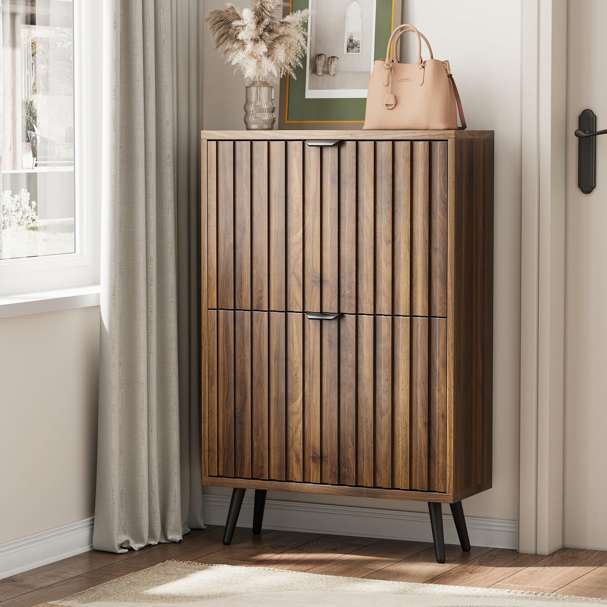 Smart FENDEE Shoe Cabinet, Slim Fluted Shoe Cabinet Storage for Entryway, Walnut Hidden Shoe Cabinet with Metal Legs and Flip Doors Smart FENDEE