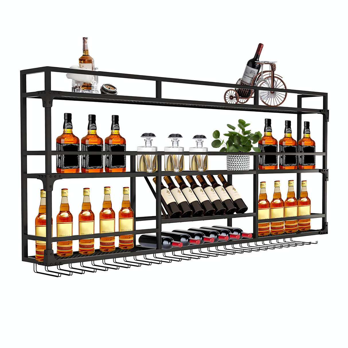 Wall Mounted Wine Rack, Floating Industrial Liquor Glass Holder 3 Tiers, Large Metal Wine Bottle Display Rack Hanging Shelf, for Home Bar Dining Room Decorative (Black-B, 47.42x35.43x9.84in) RAJYQODIS