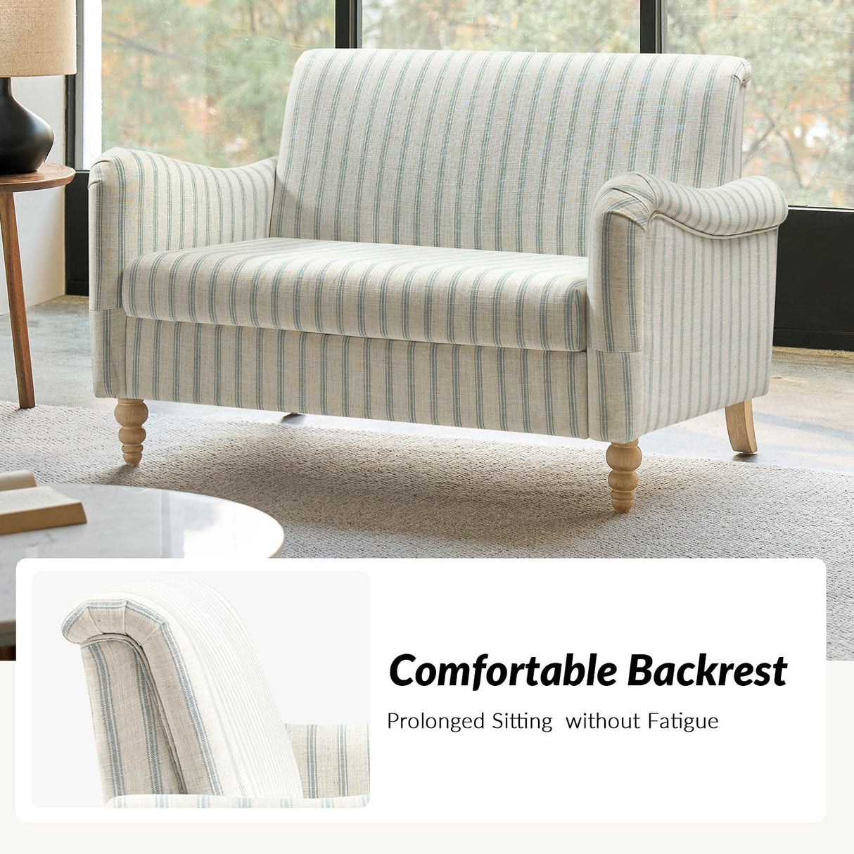 HULALA HOME 50.5" Loveseat Sofa with Stripe Pattern, 2 Seater Farmhouse Sofa with Rolled Wide Armrests and Rubber Wood Legs, Comfy Upholstered Small Couch for Living Room Bedroom, Blue HULALA HOME