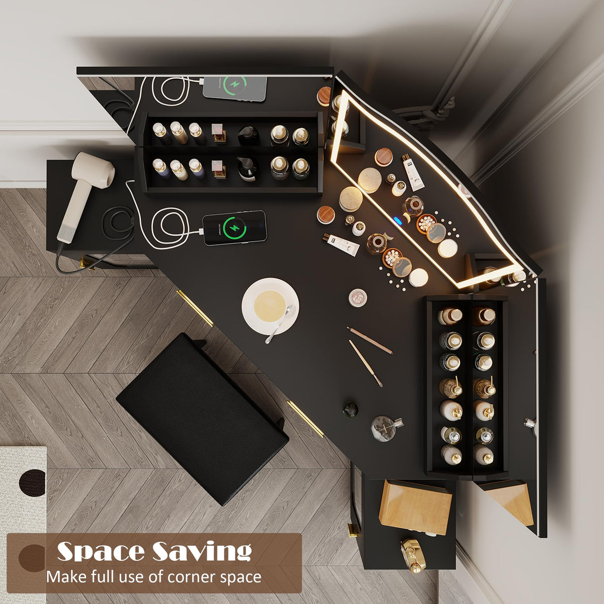 Casvik Corner Vanity Desk with 3 Way Mirror and Lights, 54" Modern Fluted Makeup Vanity with 2 Drawers & 2 Storage Cabinet, Charging Station, Stool, Large Bedroom Dressing Table for Women (Gold+Black) Casvik