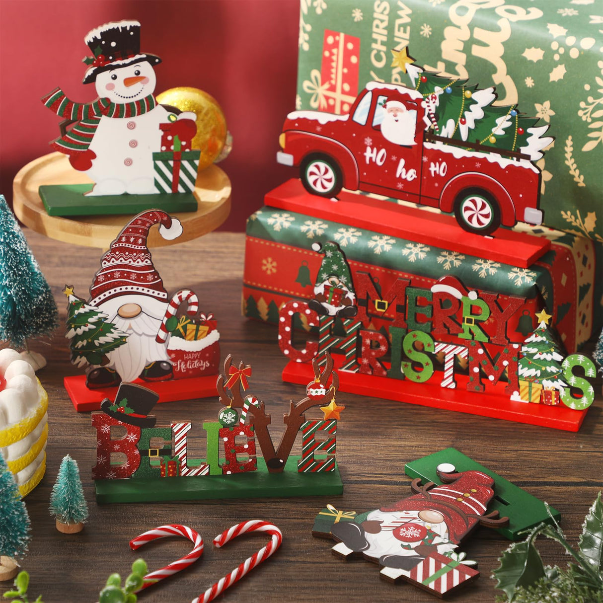 Capoda 6 Pcs Christmas Table Decorations Wooden Christmas Table Centerpieces Xmas Snowman Santa Claus Gnome Table Signs Merry Christmas Table Toppers for Holiday Party Supplies (Red, White) Capoda