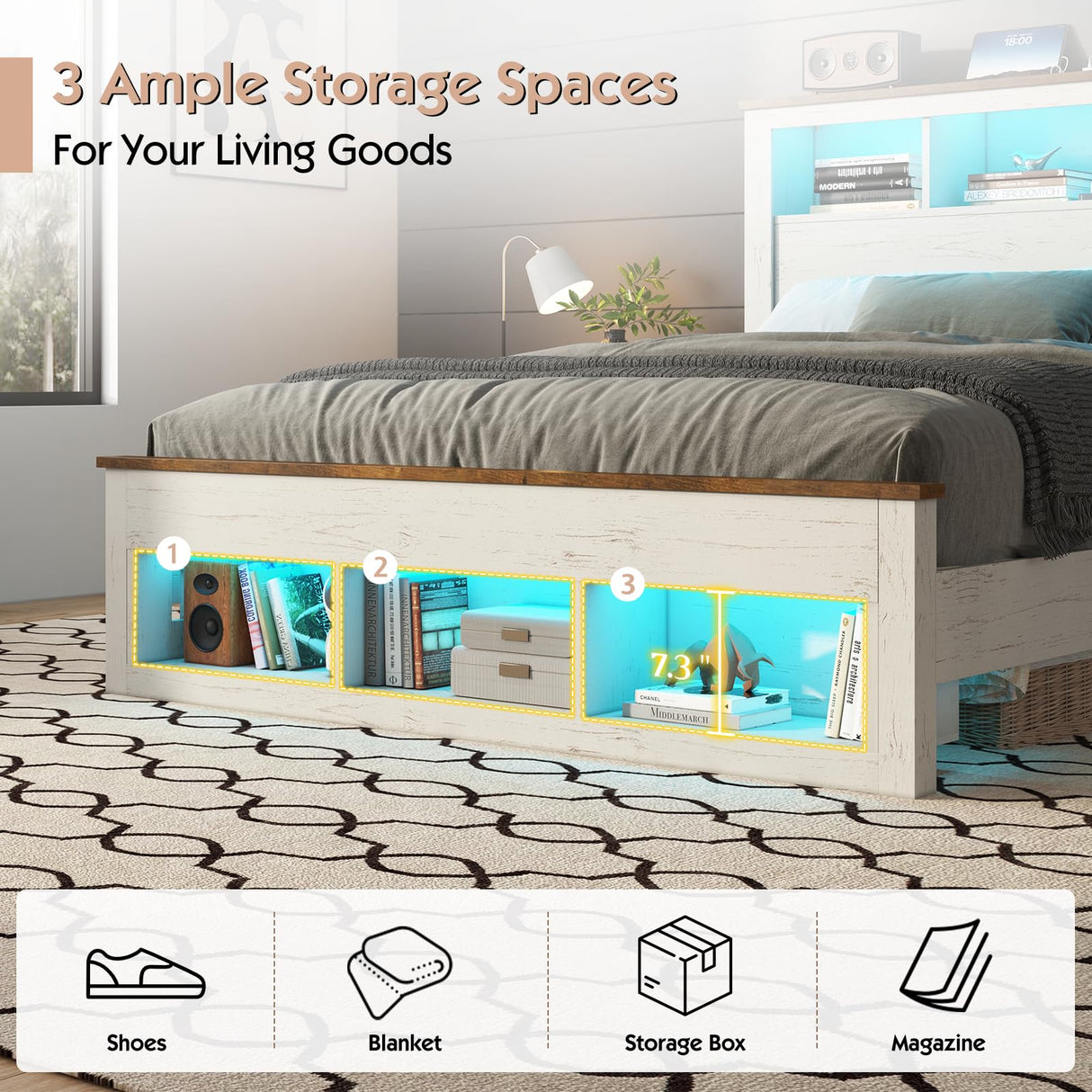 LUXOAK Queen Size Bed Frame with Bookcase Storage Headboard & Footboard, Farmhouse Wood Platform Bed with LED Light & Charging Station, No Box Spring Needed, White LUXOAK