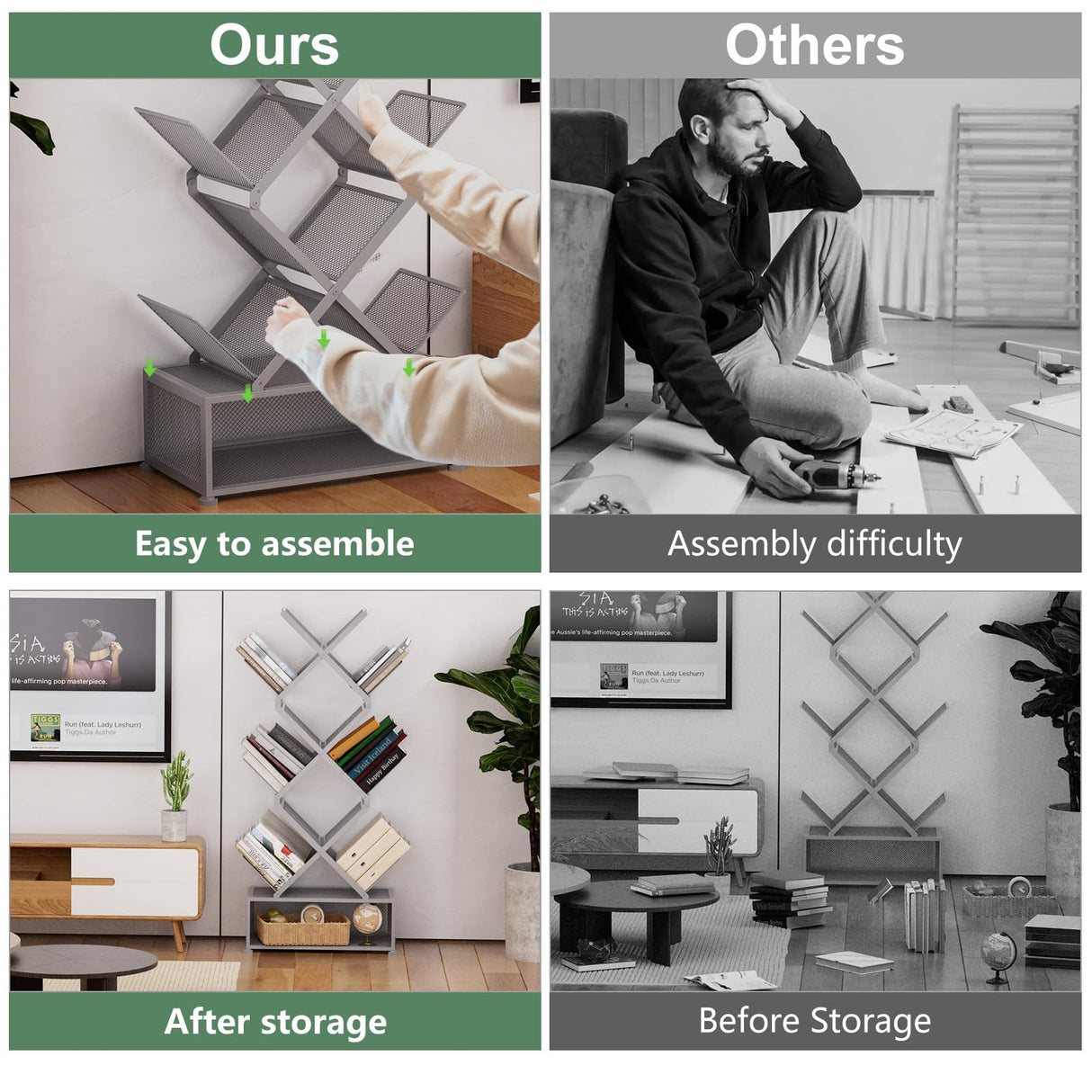 Gintan 9-Tier Modern Book Shelves with Storage, Bedroom Shelves Folding Bookshelves, No Installation Required Shelf Tree Bookcase for Living Room, Study, Home Office, Bed Room (Grey) Gintan