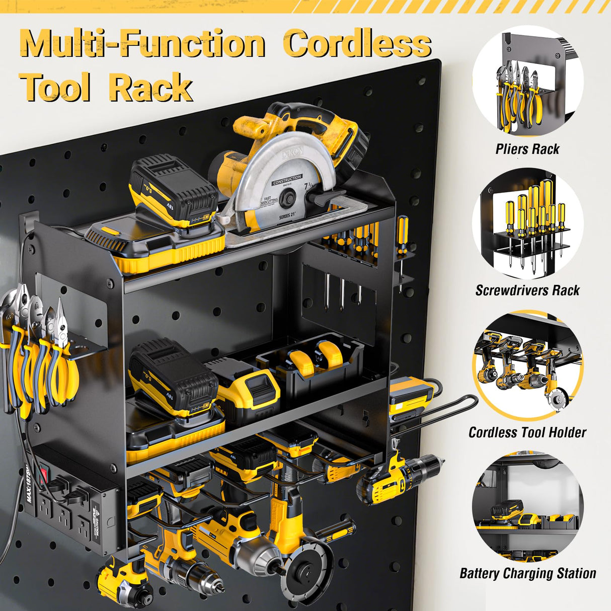 YYR Power Tool Organizer Wall Mount with Charging Station, Cordless Tools Hanger and Battery Storage Rack for Garage Organization, Heavy Duty Drill Holder Shelf Build in Metal Power Strip - Black YYR