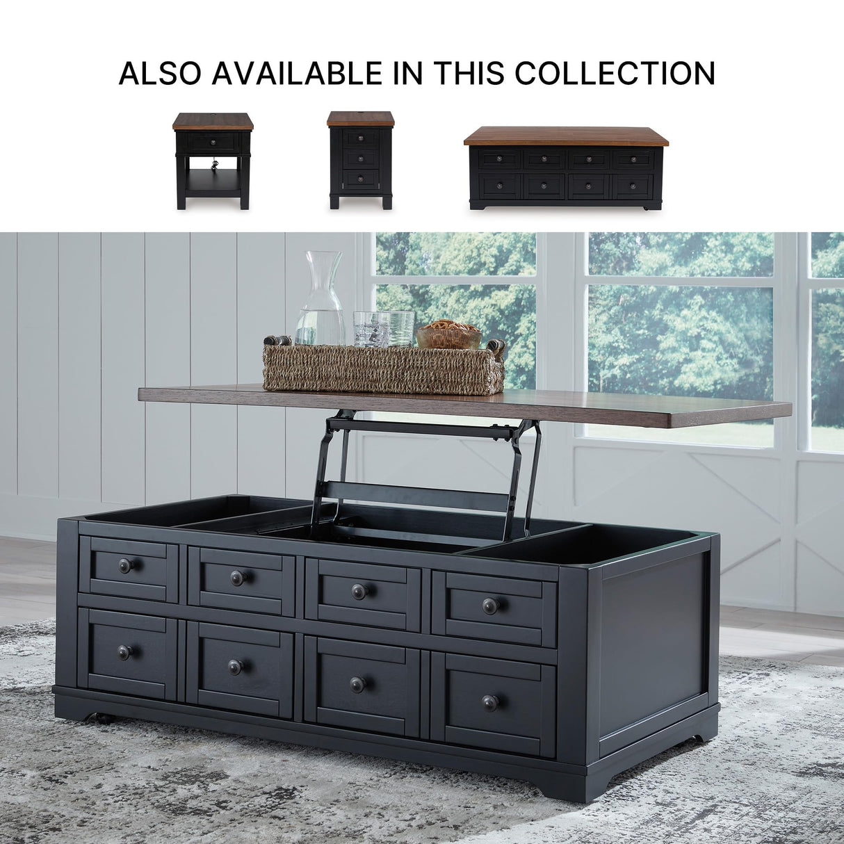 Signature Design by Ashley Wildenauer Lift Top Cocktail Table, Satin Finish Base, 2 Drawers, 2 Storage Bins, Hardwood Solids, 52" W x 28" D x 19" H, Light Brown & Black Signature Design by Ashley