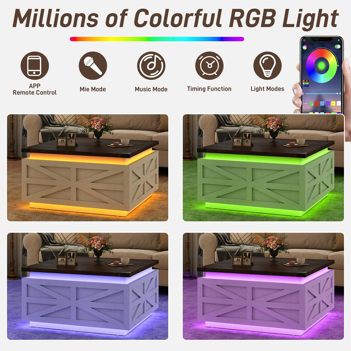 Large Farmhouse Lift Top Coffee Table with Hidden Storage Compartment, Wood Square Center Table with Charging Station&USB Ports for Living Room, White chartustriable