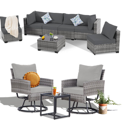 FHFO 10 Pieces Outdoor Patio Furniture Set with Swivel Chairs, Wicker Sectional Sofa Set Rattan Modular Patio Conversation with Cushions Couch & Coffee Table for Garden, Balcony, Porch, Grey-Grey