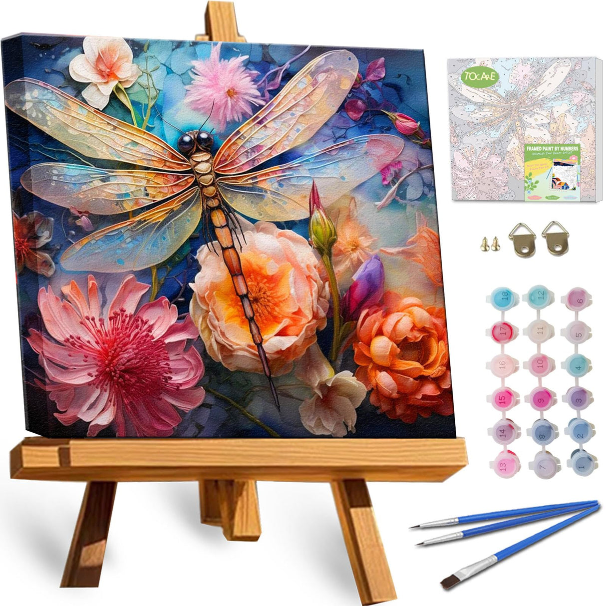 TOCARE Framed Paint by Numbers Kit for Adults Beginners,12x12inch Dragonfly Paint by Number with Frame,Flowers Paint by Numbers Framed Canvas(Without Easel) TOCARE