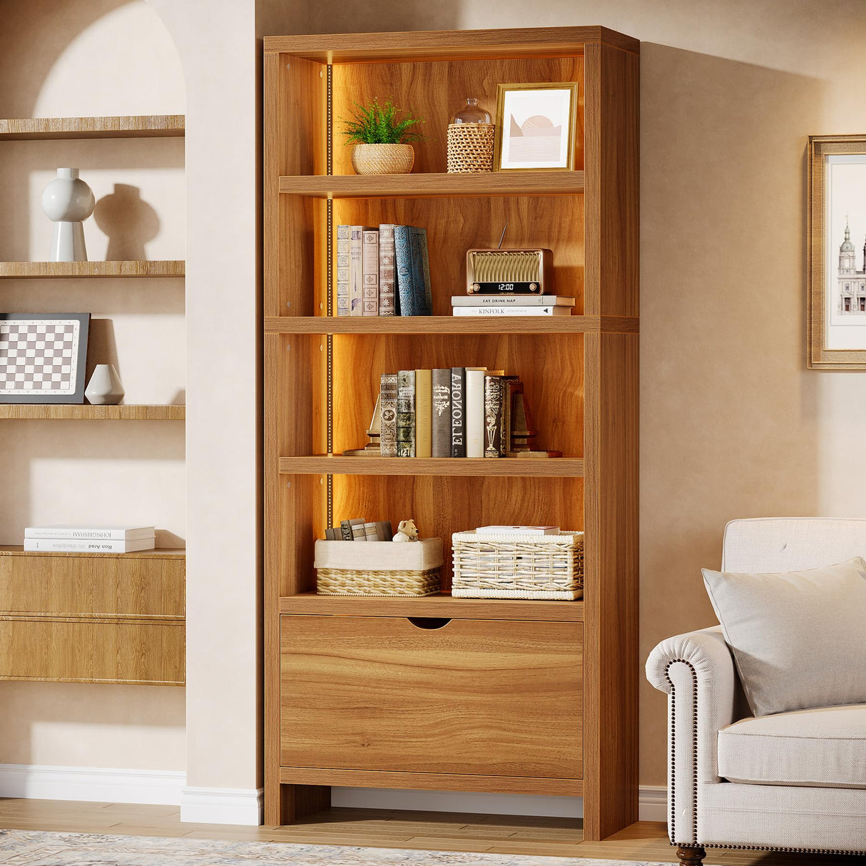 Tribesigns 70.9" Tall Bookshelf with File Drawer, Farmhouse 5-Tier Bookcase with LED Lights, Wooden Open Display Shelf Organizer for Living Room & Bedroom & Home Office (Walnut) Tribesigns