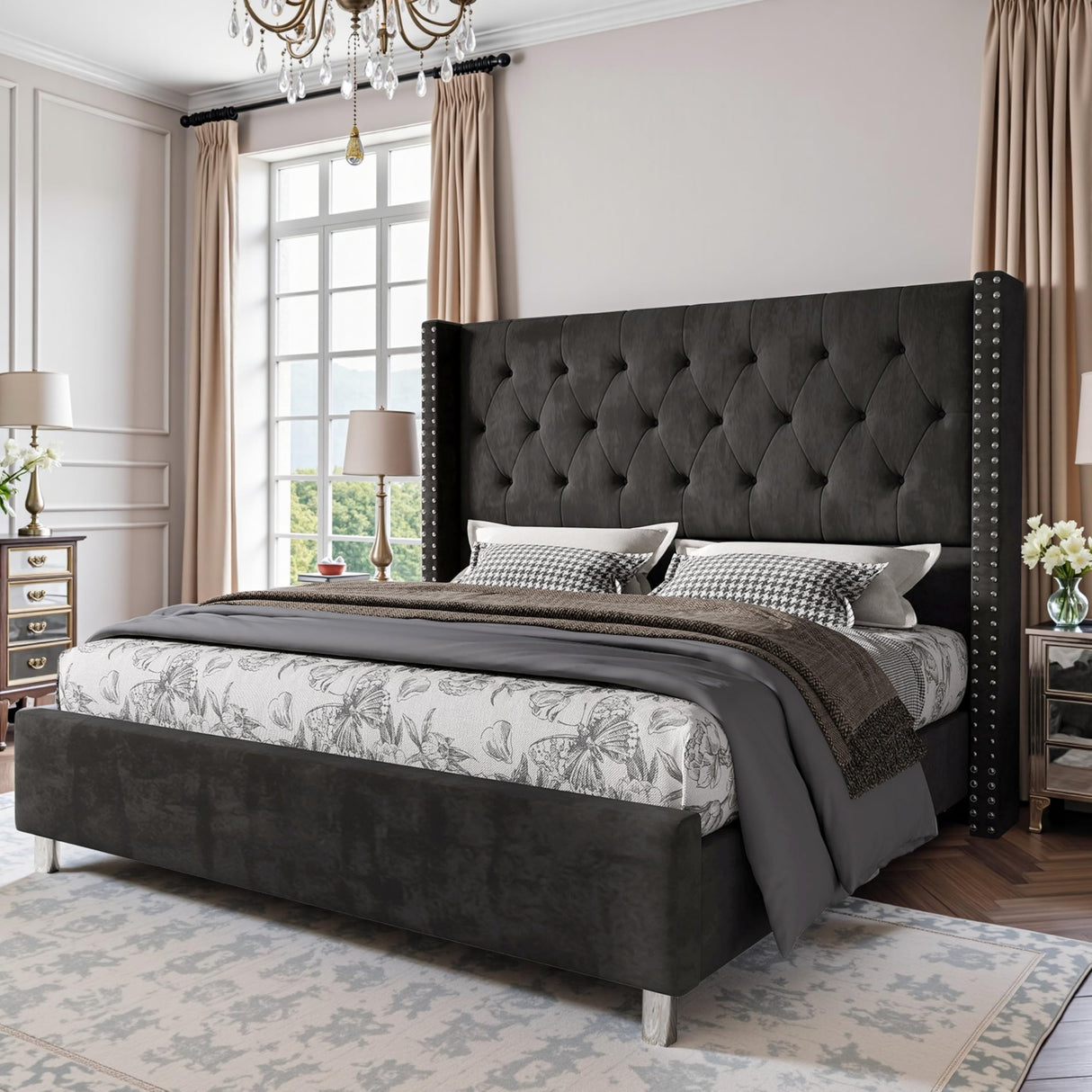 PaPaJet Upholstered Queen Bed Frame with Tall Headboard, Wingback Platform Bed, Low Profile Velvet Tufted Button, No Box Spring Needed, Easy Assembly, Black PaPaJet