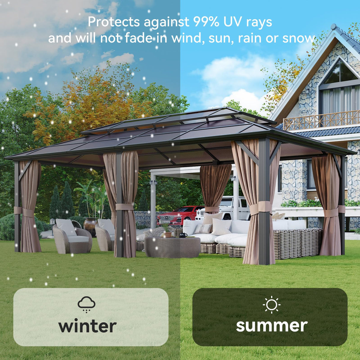 Aoxun 12'x20' Hardtop Gazebo, Aluminum Frame Permanent Pavilion with Curtains and Netting, Outdoor Polycarbonate Double Roof Canopy, Designed for Garden, Lawns, Patio Aoxun