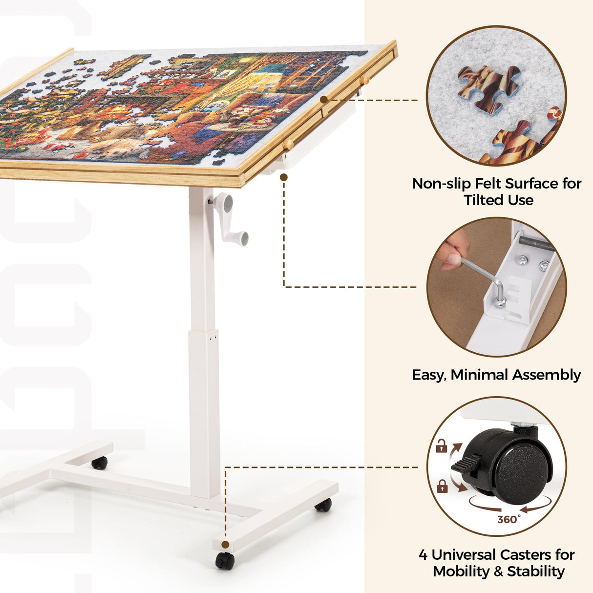 ropoda 1500 PCS Jigsaw Puzzle Table with Drawers and Single-Pedestal,35"x 26.8" Angle & Height Adjustable Wooden Puzzle Borad with 6 Drawers &Cover& 4 Roller Wheels ropoda