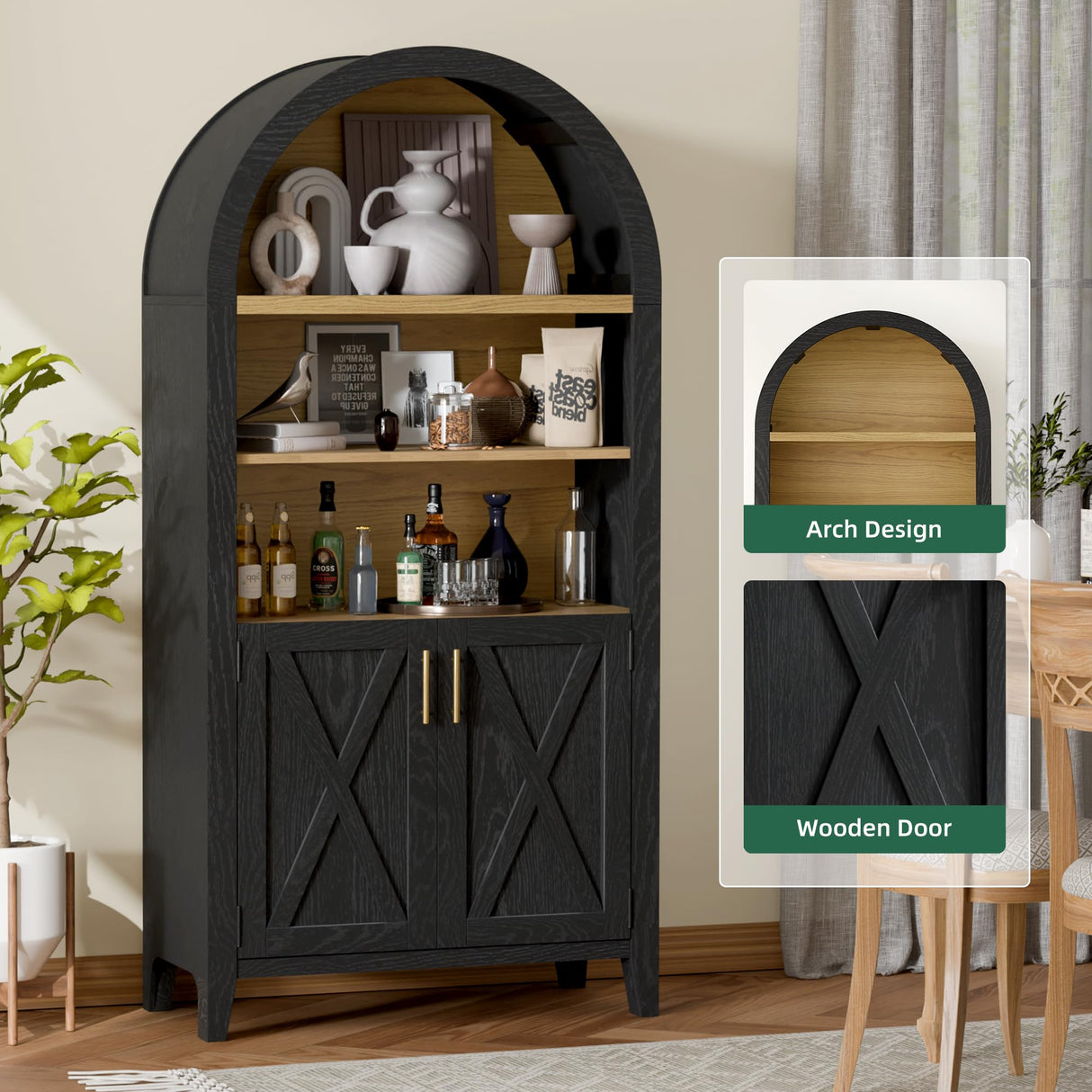 infurnic Arched Storage Cabinet with Beech Wood Door, 5-Tier Display Cabinet, Farmhouse Buffet Cabinet with Storage – Perfect for Dining Room, Living Room, Kitchen, or Home Office infurnic