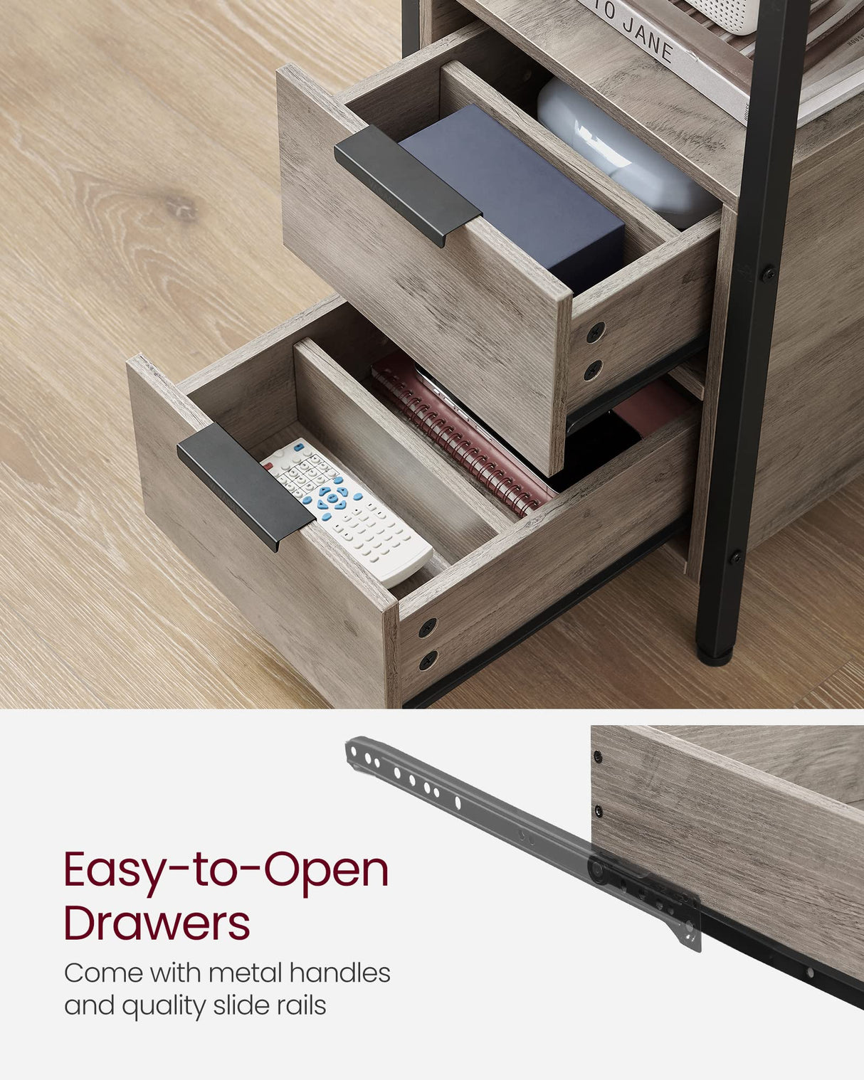 VASAGLE Side Table with Charging Station, Narrow End Table with 2 Drawers, Slim Nightstand and Bedside Table with Storage, for Small Spaces, Greige + Black VASAGLE