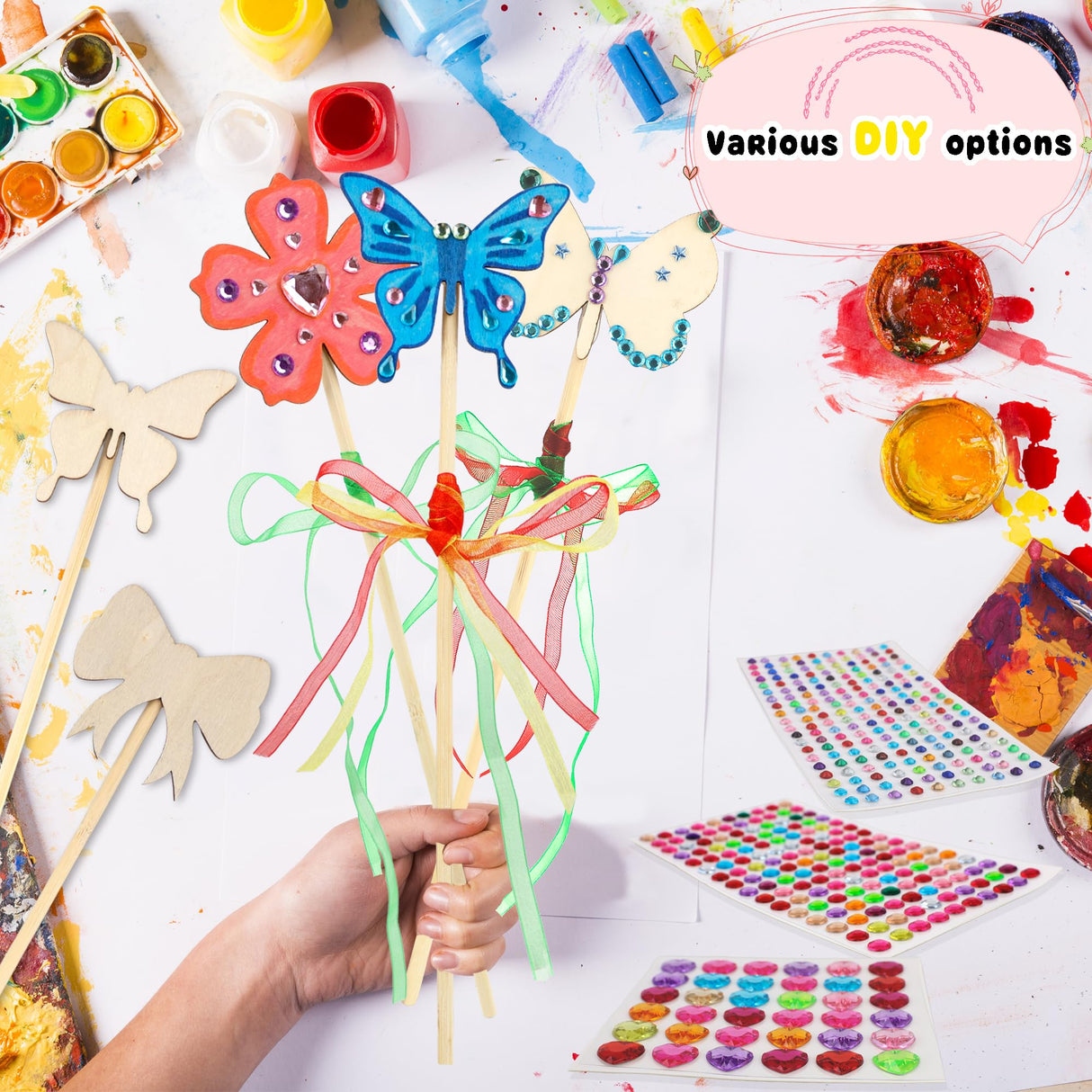 Kugliwa 59 Pcs Princess Fairy Wands Craft Kit DIY Wooden Fairy Wands Include 20 Unfinished Fairy Wands 7 Gem Stickers 20 Ribbons 12 Markers for Birthday Party Supply Kugliwa