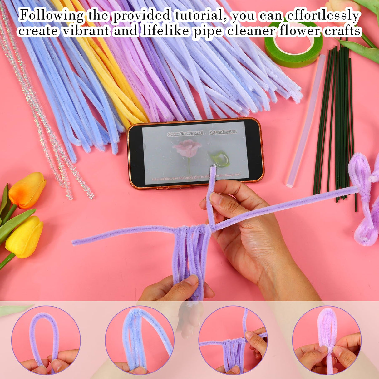 ERNTRNL Pipe Cleaners Craft - Pipe Cleaners Flower Making Kit, Pipecleaners Craft Kit, DIY Flower Bouquet Kit, Pipe Cleaners Bulk for Crafts Art Project Activity ERNTRNL