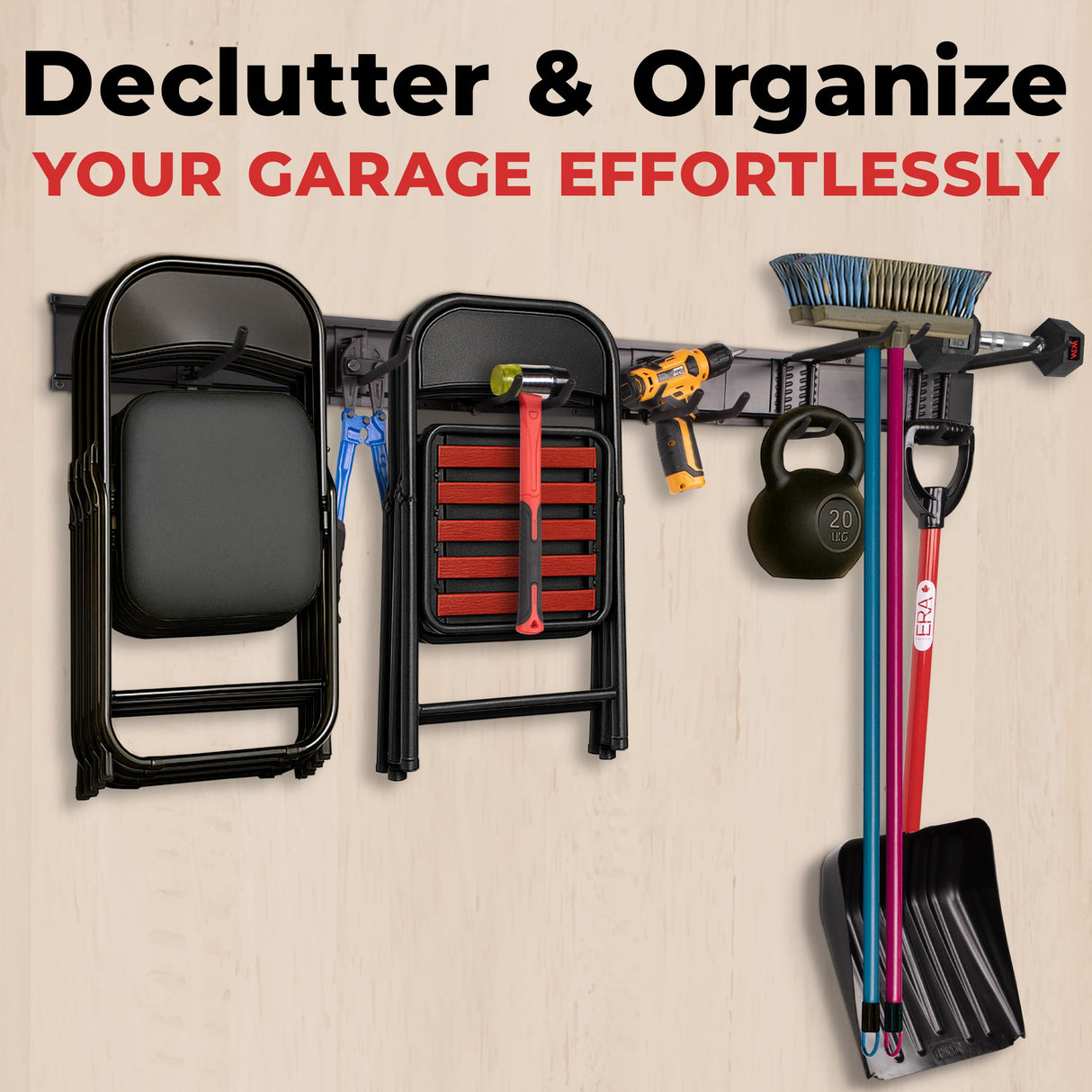 NINE FORTY Garage Tool Organizer Wall Mount - 49.5 Inches, 16" Stud Spacing, 440 LBS. Sturdy Rubber Coated Garden Tool Organizer and Storage Rack with Adjustable Hooks NINE FORTY