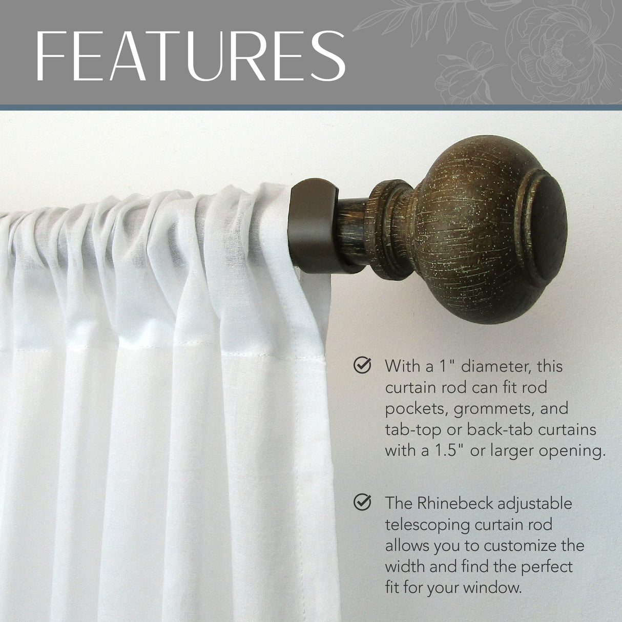 Elrene Home Fashions Rhinebeck Single Faux-Wood Curtain Rod, For Curtains and Drapery with Rustic Cap Finials, 1-Inch Diameter, 48"-86" Adjustable Rod, Antique Walnut Elrene