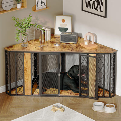 𝙎𝙖𝙪𝙙𝙞𝙨𝙢 67" Corner Dog Crate Furniture for Large Breed, Large Wooden Dog Kennel Furniture with 2 Doors, Decorative Dog Crate, Dog Kennel Tv Stand End Table