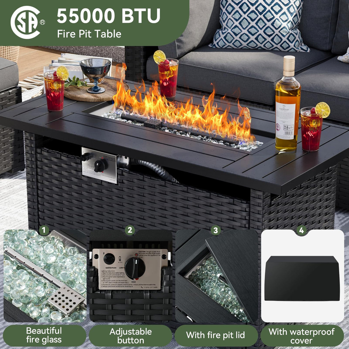 Aoxun 8 Piece Patio Furniture Set with 44” Fire Pit Table Wicker Rattan Patio Sectional Sofa Set Outdoor Seating Furniture with Thickened Cushion, Grey Aoxun