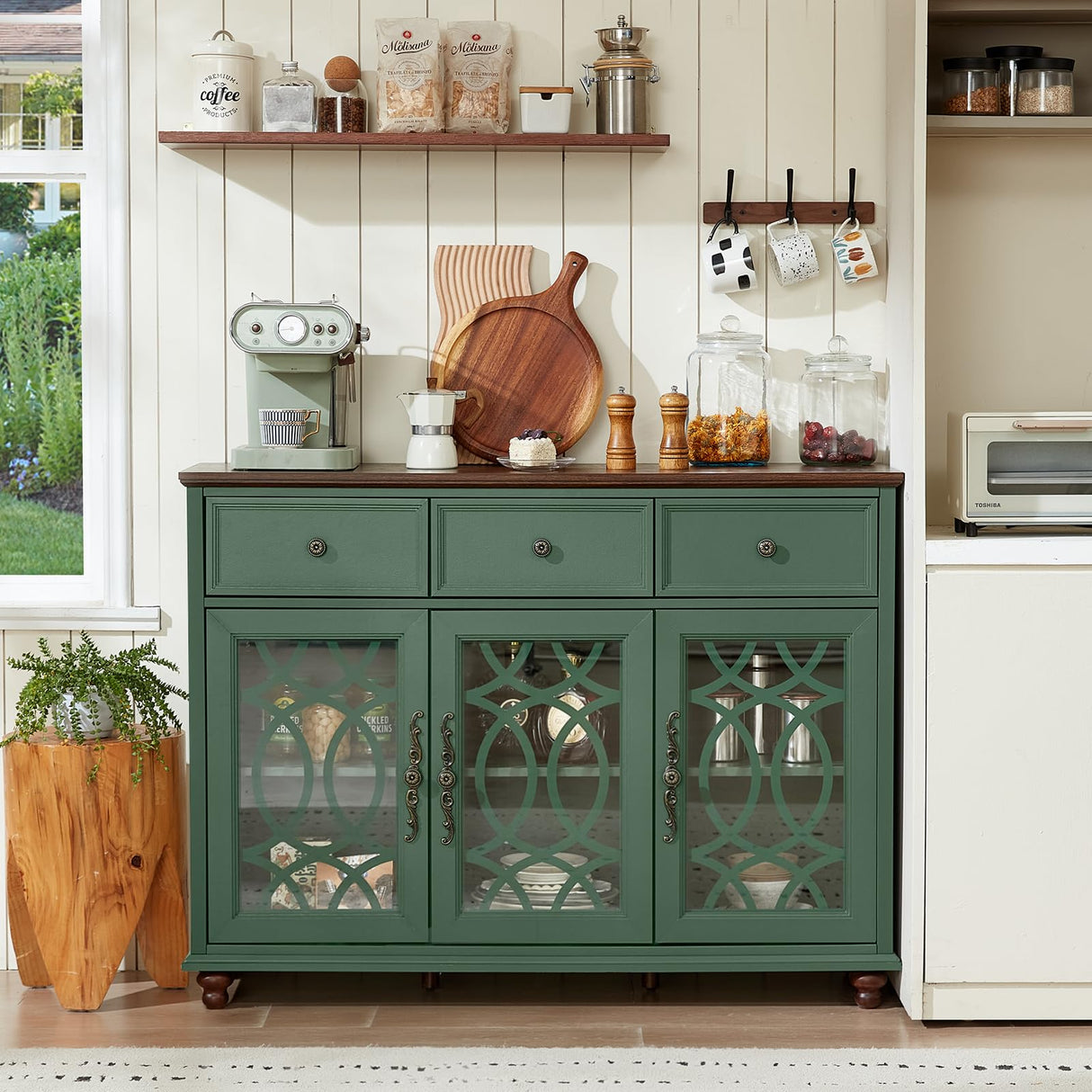 Joaxswe Farmhouse Sideboard Buffet Cabinet with Storage,48" Large Credenza with 3 Glass Doors & 3 Drawers,Adjustable Shelves Console Table,Wood Kitchen Coffee Bar for Dining Room,Living Room,Green Joaxswe