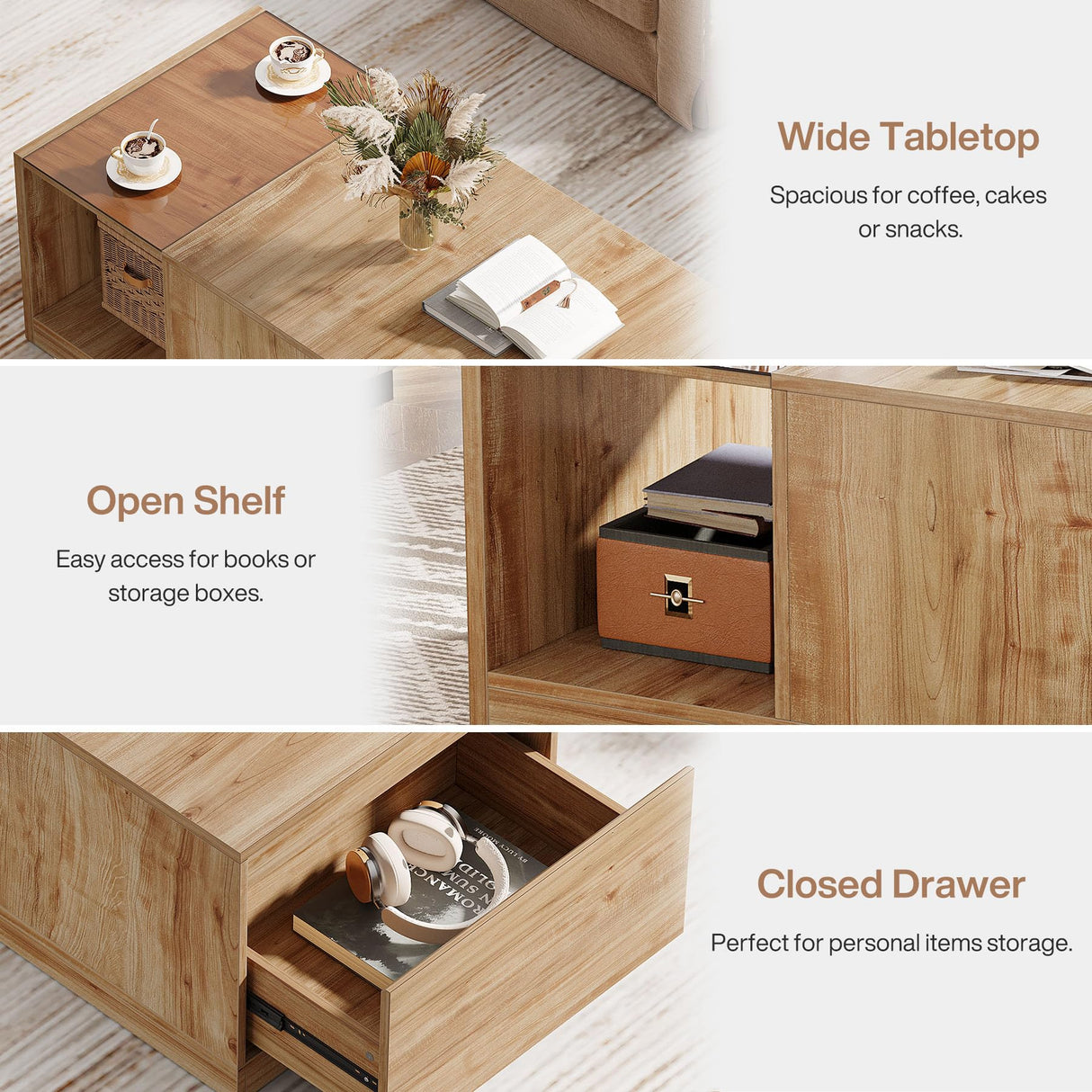 Tribesigns 47.24-Inch Coffee Table with Drawer & Storage Shelf, Farmhouse Coffee Table with Tawny Glass, Wood Center Table for Living Room, Modern Home Furniture, Brown & Tawny Tribesigns