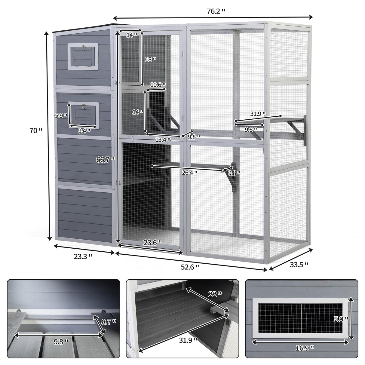 Outdoor Cat Catio, Large Cat Enclosure Cat House Weatherproof, 2 Resting Rooms, 4-Tier Cat Cage Catio for Cats w/ 2 Platforms, Wood Nyeekoy
