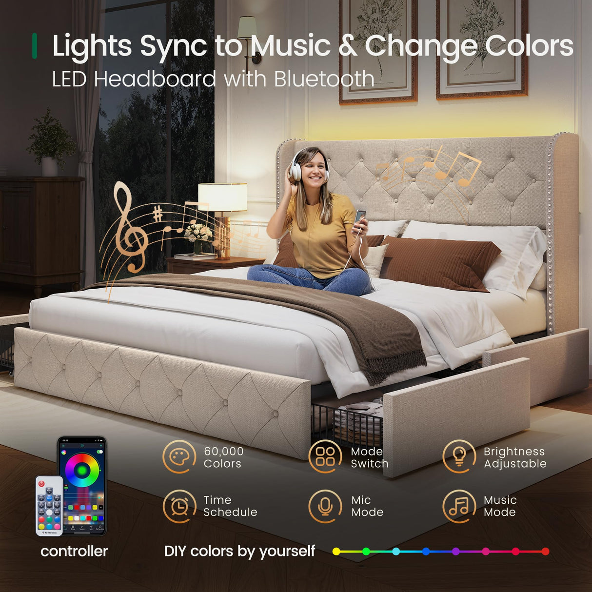 LARMACE Queen Size Bed Frame with LED Lights and 4 Storage Drawers Linen Upholstered Platform Bed Frame with Tufted Headboard Wingback, No Box Spring Needed, Easy to Assemble, Beige LARMACE