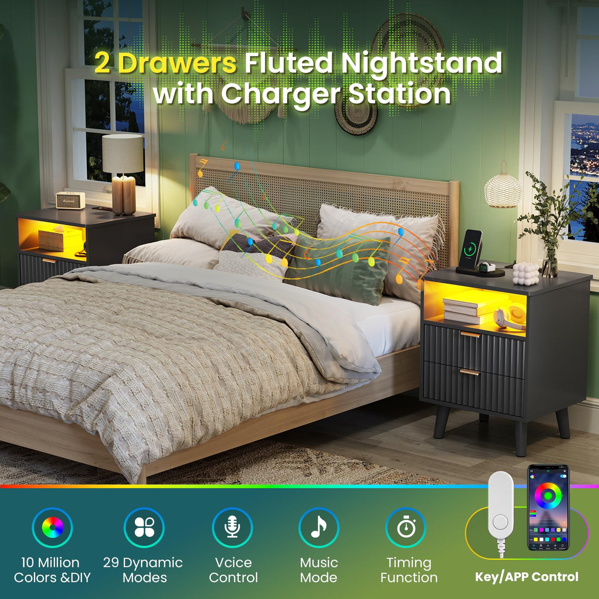 AOGLLATI Fluted Nightstand Set of 2 with Charging Station, Black LED Nightstand with 2 Drawers and Open Storage Cubby, Modern Bedside Table with LED Lights & Metal Handle for Bedroom AOGLLATI