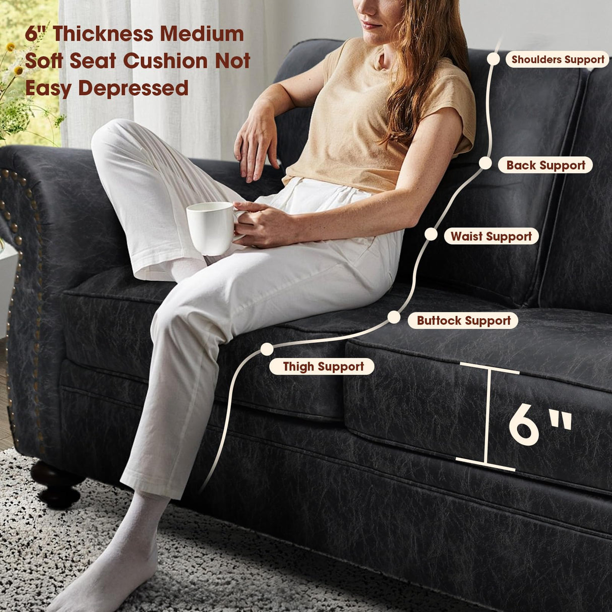 Couchus Mid-Century Vintage Sofa Couches with Rivet Design,loveseat Sofa,Removable Sofa Cover Upholstered Cushions and Solid Wood Frame (Grey, 3-Seater) Couchus