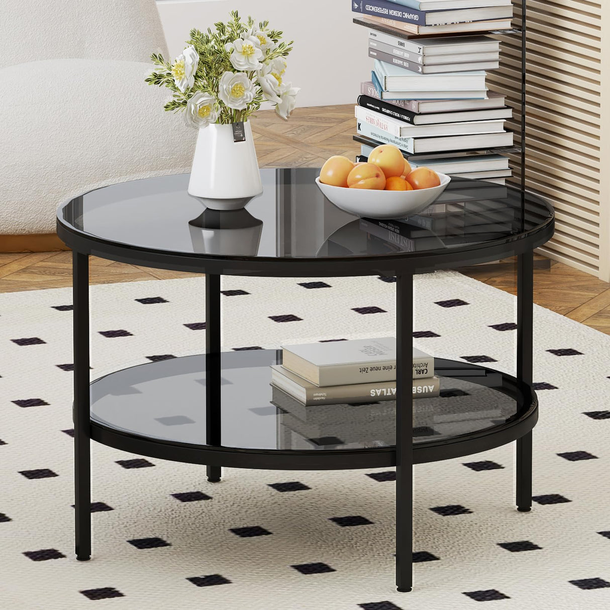 Yusong Round Glass Coffee Tables for Living Room, 2-Tier Circle Coffee Table with Storage, 26" Modern Center Accent Table with Light Black Glass, Small Side Table End Table for Small Space, Bedroom Yusong
