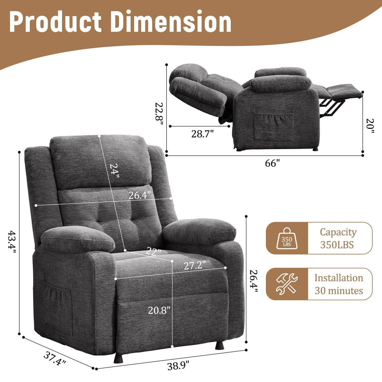 Korser Power Recliner Chair for Adults, Oversized Electric Recliner with Thickened Cushions, Chenille Fabric Reclining Chair for Living Room, Bedroom, Grey Korser