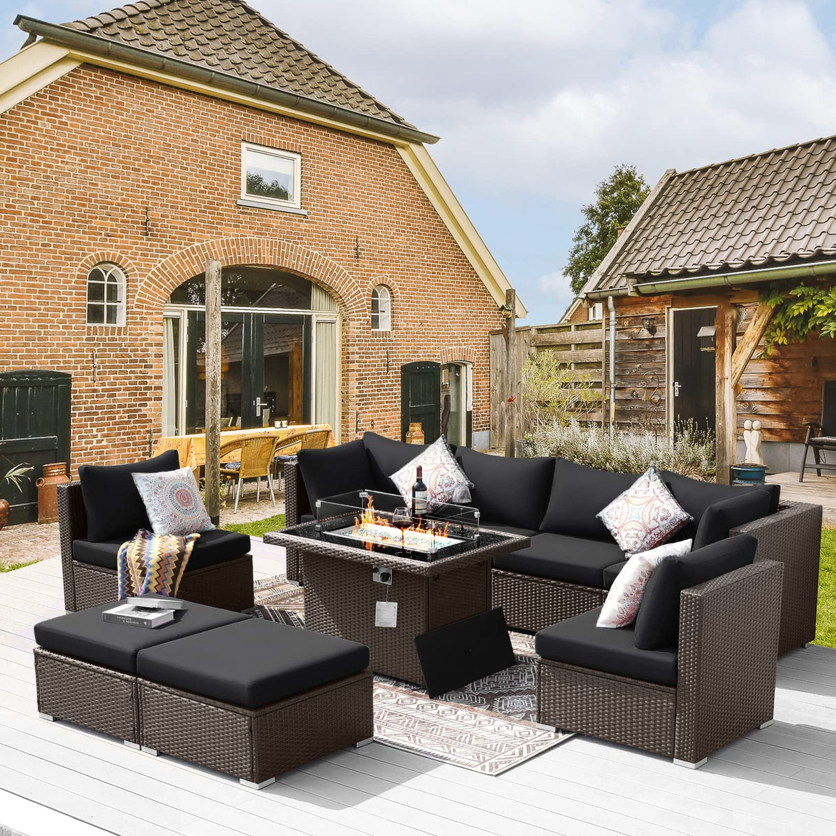 BULEXYARD 9 Piece Highback Patio Furniture Set with Fire Pit Table, Modern Modular Outdoor Sectional Couch Sofa with Ottoman, 8-Person Backyard Seating for Outside, Deck, Brown Wicker & Black Cushion BULEXYARD