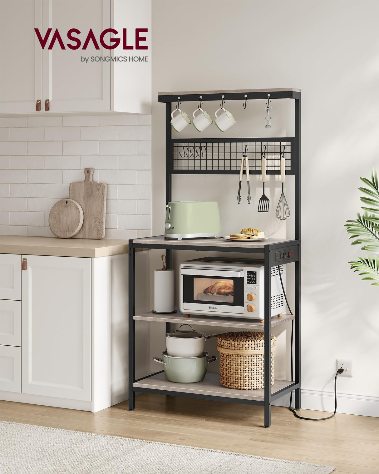 VASAGLE Bakers Rack with Charging Station, 80 cm Coffee Bar with Adjustable Storage Shelf, Microwave Stand, Grid Panel, 12 Hooks, for Kitchen, Heather Greige and Ink Black UKKS016K02 VASAGLE